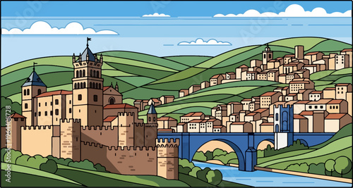 A stylized medieval town with a castle, bridge, and rolling green hills