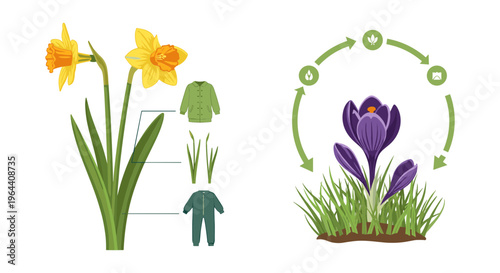 Spring flower life cycle vector set, yellow narcissus and purple crocus illustrations, botanical growth stages and clothing icons