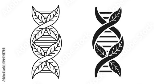 Minimalist DNA helix with green leaves vector, biotechnology and genetic engineering symbols, organic science icons for medical research