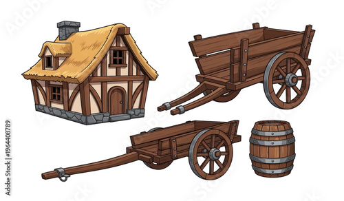 Collection of Wooden wagon cart and barrel.