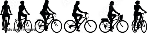 Women riding bicycles silhouettes in different poses isolated on white background, active lifestyle, cycling activity, urban commuting concept