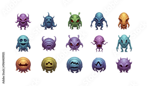 Collection of Colorful cartoon alien creatures smiling.