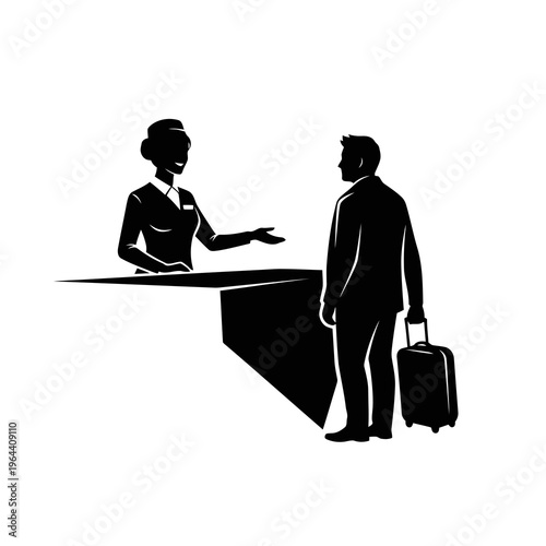 Silhouette of a hotel receptionist greeting a guest with a suitcase