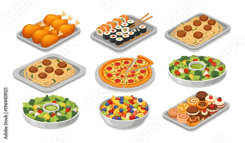 Collection of Variety of food on plates served.