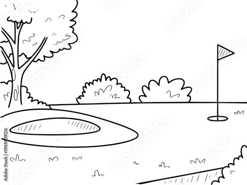 Black and white of a golf course hole with flag tree and sand trap green