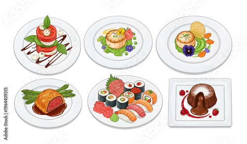 Collection of Variety of sushi and seafood dishes.