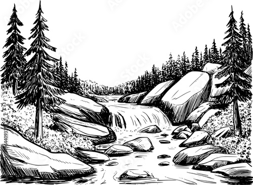 Black and white of a rocky mountain stream with pine trees and a small waterfall