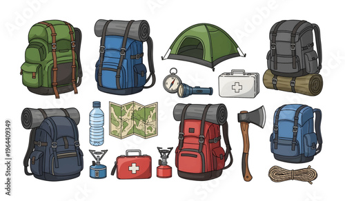 Collection of Hiking backpacks and camping gear accessories.