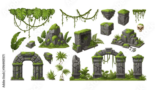 Collection of Mossy ancient stone ruins fragments.