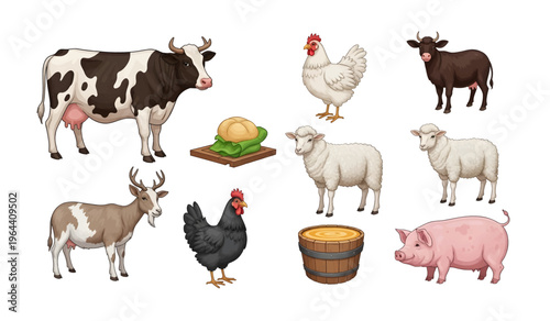 Collection of Farm animals on white background.