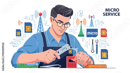 Micro Service Expert at Work: A skilled technician diligently works on micro services, surrounded by intricate technological symbols and tools.
