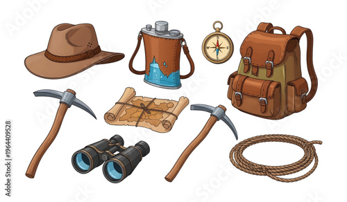 Collection of Outdoor adventure explorer equipment tools.