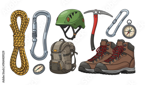 Collection of Climbing equipment hiking gear accessories.