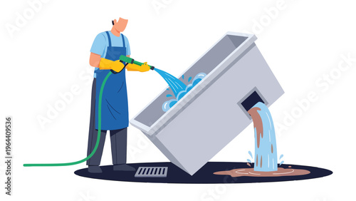 Cleaning Industrial Unit: A worker diligently cleans a large industrial unit with a high-pressure hose, ensuring cleanliness and order.