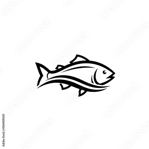 Black and white fish icon with modern design and fins visible