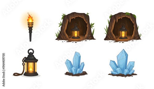 Collection of Cartoon cave entrance with crystals and lantern.