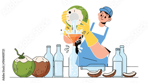 Coconut Water Processing: An illustrated scene of a skilled individual meticulously extracting and purifying coconut water for bottling, showcasing the fresh.