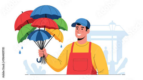 Rain's Advocate: A cheerful individual safeguards a vibrant bouquet of umbrellas, symbolizing protection and preparedness against a rainy day.