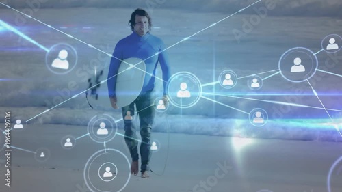 Surfer stepping onto beach and walking as animated icons forming growing tech network around him
