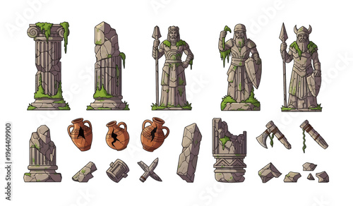 Collection of Medieval stone statues and broken pieces.