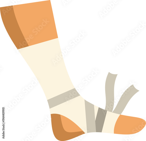 Bandaged foot showing injury, recovery, rehabilitation, and first aid for a sprain