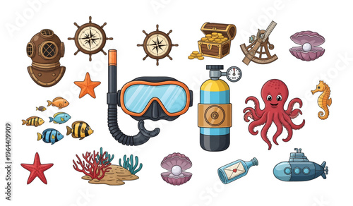 Collection of Scuba diving equipment and sea creatures.