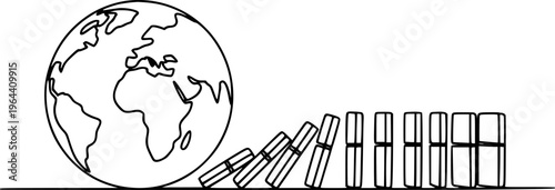 Earth globe pushing dominoes causing a chain reaction a white background planet continents