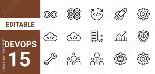 DevOps line icons set. DevOps outline icons with editable stroke collection. Includes Coding, Key, DevOps, 