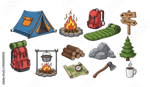 Collection of Camping gear and outdoor equipment.