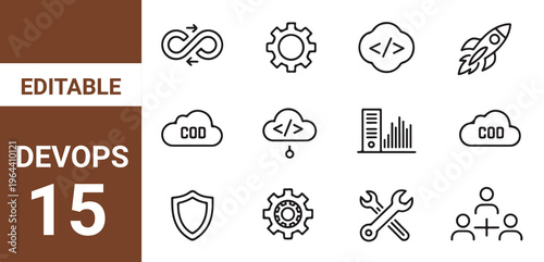 DevOps line icons set. DevOps outline icons with editable stroke collection. Includes Coding, Key, DevOps, 