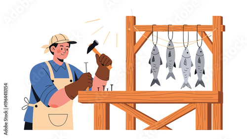 Artisan at Work: An artisan meticulously hammers a nail into a wooden structure, while a collection of freshly caught fish hangs gracefully to dry nearby.