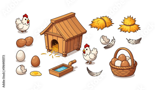 Collection of Cartoon chickens and eggs illustration.