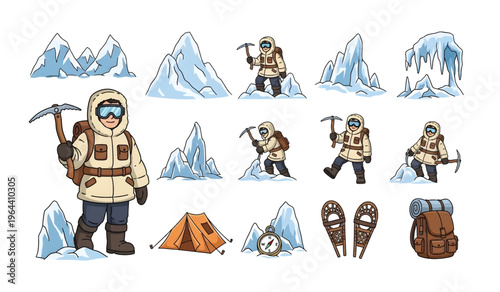Collection of Man in winter gear with pickaxe.