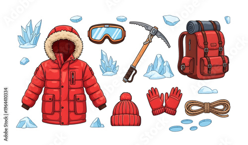 Collection of Red winter climbing gear and clothing.