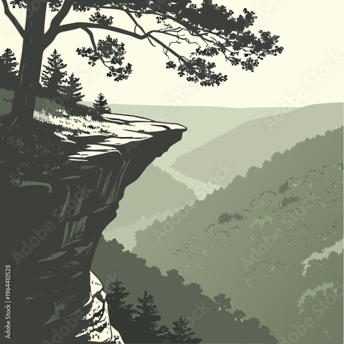 Illustration of a cliffside with a tree overlooking a valley and mountains in a muted green color palette