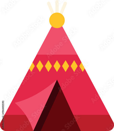Red teepee with yellow diamond patterns standing on a white background