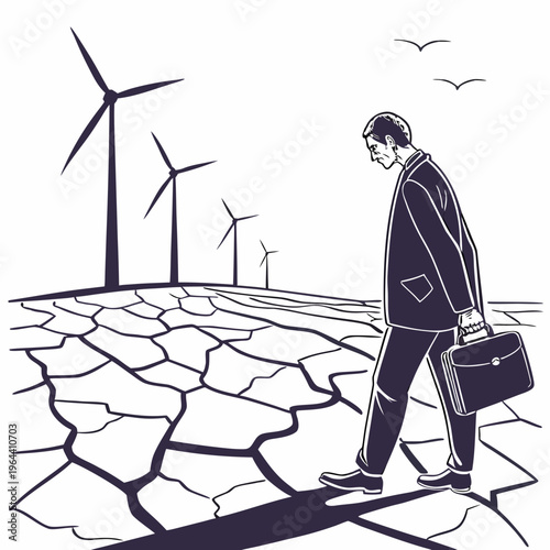 A man walks through a desolate landscape with wind turbines in the background, symbolizing a challenging journey towards renewable energy and sustainability