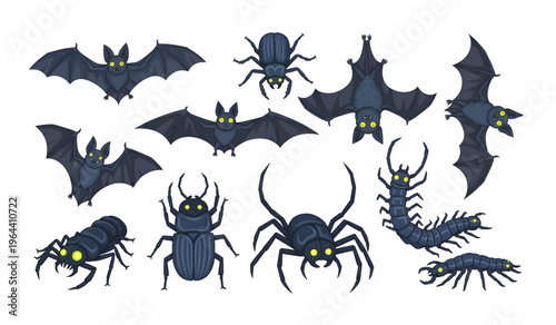 Collection of Black insects and bats decoration set.
