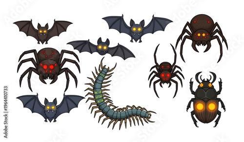 Collection of Creepy insects and bats together.