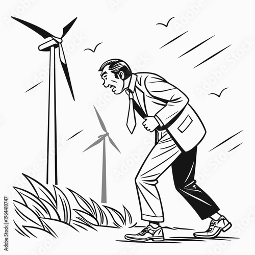 A man in a business suit struggling to walk in strong wind near wind turbines and grass