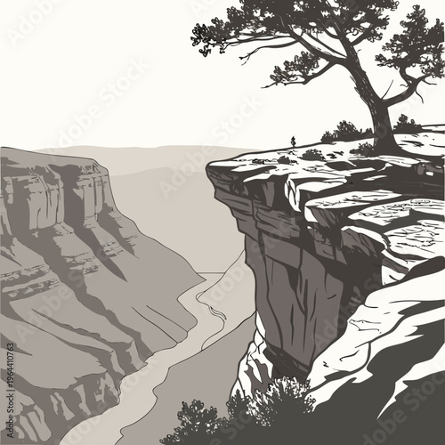 Monochromatic illustration of a tree on a cliff edge overlooking a vast canyon landscape with a river flowing through it