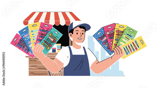 Street Vendor's Colorful Display: A cheerful vendor presents a vibrant array of packaged products at his market stall.