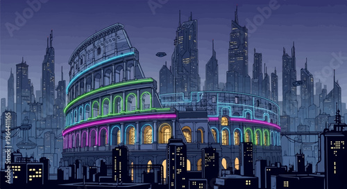 Pixel art of a futuristic cityscape with a neon-lit ancient ruin