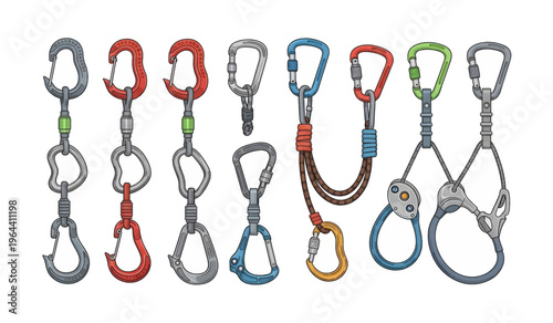 Collection of Carabiners and climbing gear accessories.