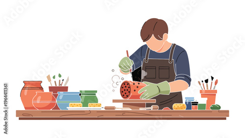 Potter crafting a Ceramic Pot: An artisan diligently crafts a ceramic pot at a pottery wheel, meticulously shaping the clay with a keen focus, demonstrating the artistry and skill of pottery.