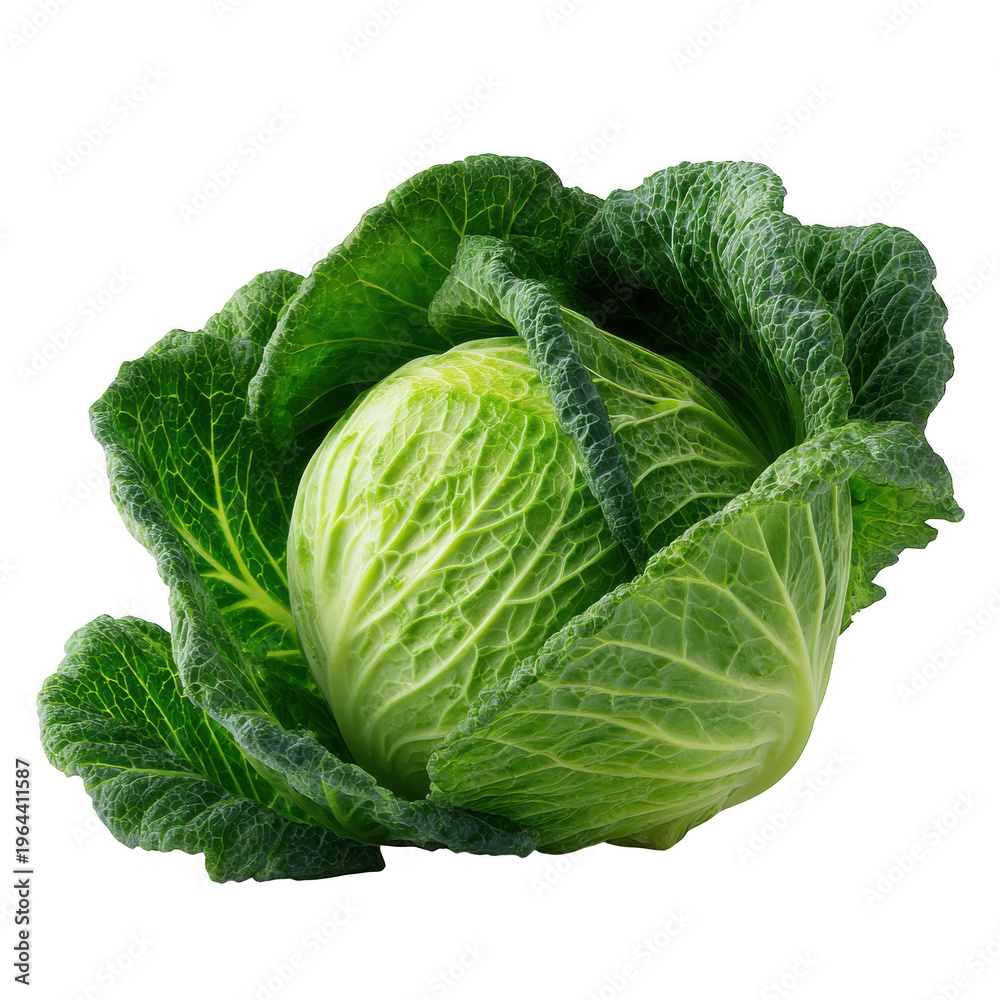 Fototapeta premium A fresh head of vibrant green savoy cabbage with textured crinkled leaves and morning dew drops isolated on transparent background