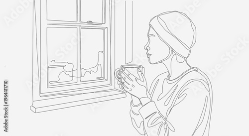 Woman holding cup by window.