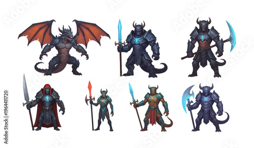 Collection of fantasy monster figurines toys.