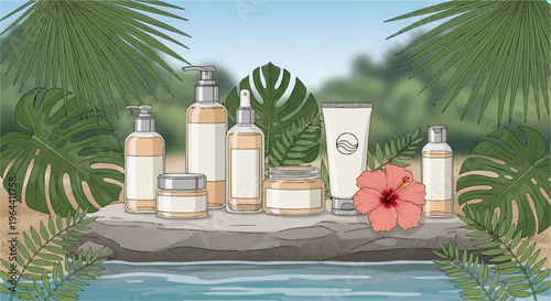 Tropical spa products displayed on rocks with lush foliage and water