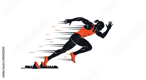 A dynamic vector illustration of a female athlete explosively starting a sprint from starting blocks. This high-contrast silhouette with vibrant orange accents captures speed, power, and athletic.